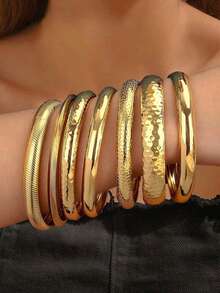 7 Peças/Conjunto Pulseira de Metal Vintage Elegante com Textura Martelada e Floral, Conjunto de Pulseiras Minimalistas de Alta Qualidade para Camadas, Adequado para Casais, Festas, Feriados, Presentes, Uso Diário, Ano Novo - Ouro amarelo - Visão 2