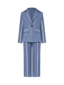 Bộ 2 áo khoác blazer tay dài và quần, thiết kế ruy băng màu tương phản, phù hợp mặc công sở vào mùa thu - Màu xanh lam - Xem 2