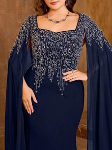 UNITHORSE 女士方领超长袖刺绣修身亚麻针织晚礼服 - 藏蓝色 - 查看 6