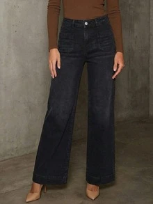 【显瘦复古风】女士高腰直筒牛仔裤 | 显瘦复古风 | 弹力混纺面料 | 休闲复古蓝 | 经典纽扣设计 | 日常时尚 - 黑色 - 查看 2