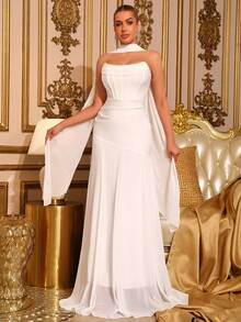 New Women's White Strapless Fishbone Pleated Patchwork Dress Elegant Wedding Bridesmaid Dress Anniversary Christmas Party Dress - White - View 1