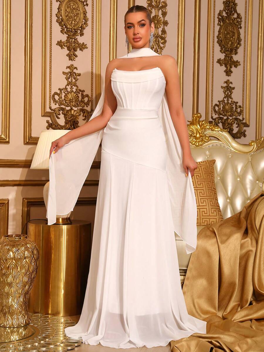 New Women's White Strapless Fishbone Pleated Patchwork Dress Elegant Wedding Bridesmaid Dress Anniversary Christmas Party Dress - White - View 1