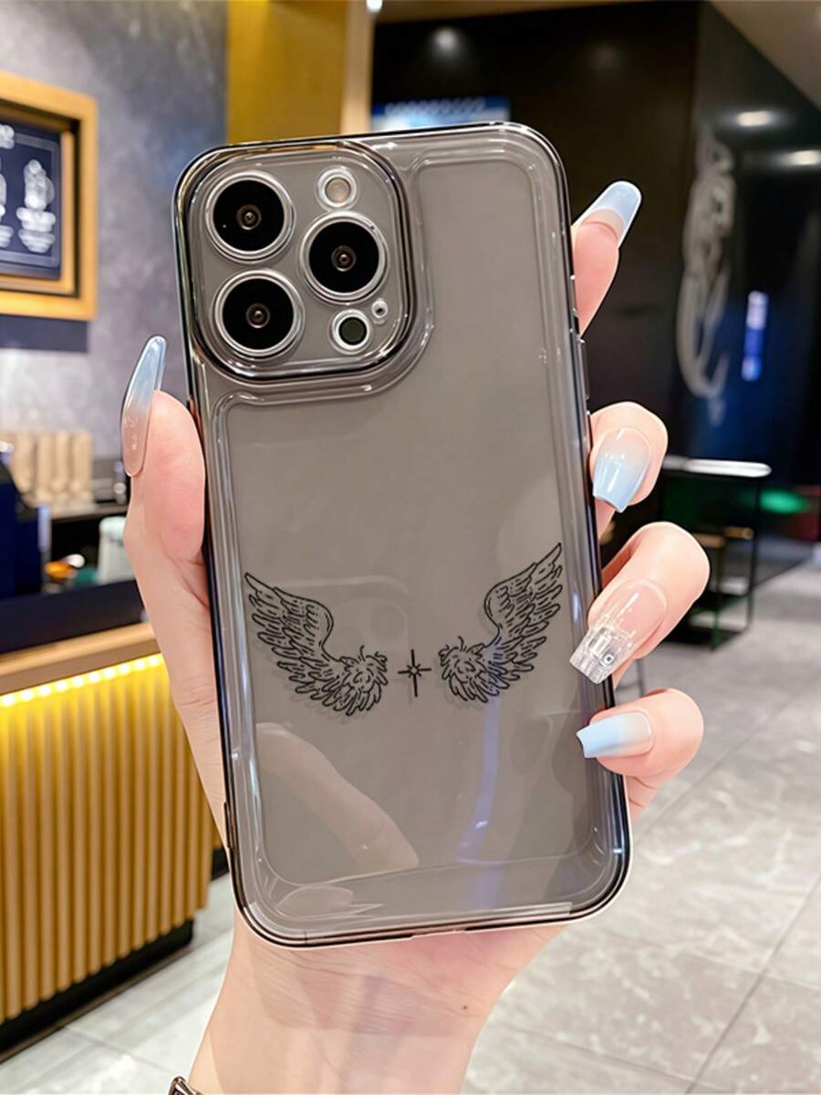 1个创意天使翅膀和十字架彩绘图案透明黑色全覆盖防震TPU时尚手机保护壳，兼容 11 12 13 14 15 16 17 Pro Max - 彩色 - 查看 1