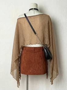 JTI 女士时尚宽松波西米亚风度假透气舒适百搭披肩衬衫 - 卡其色 - 查看 2