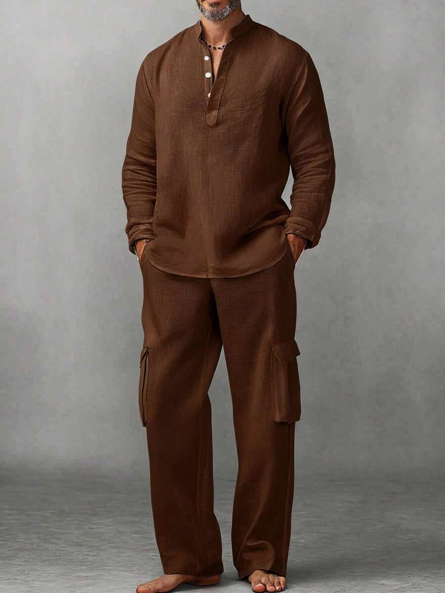 Áo sơ mi nam dài tay cổ tàu cài cúc, nhẹ, thoáng khí, màu trơn, dáng rộng, phối cùng quần tây màu trơn, lý tưởng cho đi chơi và đi làm, bộ 2 món. - Cà phê nâu - Xem 1