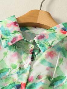 新款春夏女式法式花卉叶子印花长袖衬衫，纽扣领 - 橄欖綠 - 查看 3