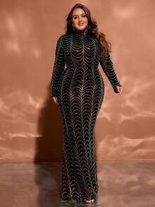 Plus Size Long Sleeve Stand Collar Multi-Color Geometric Sequin Patchwork Maxi Evening Dress - Multicolor - View 5