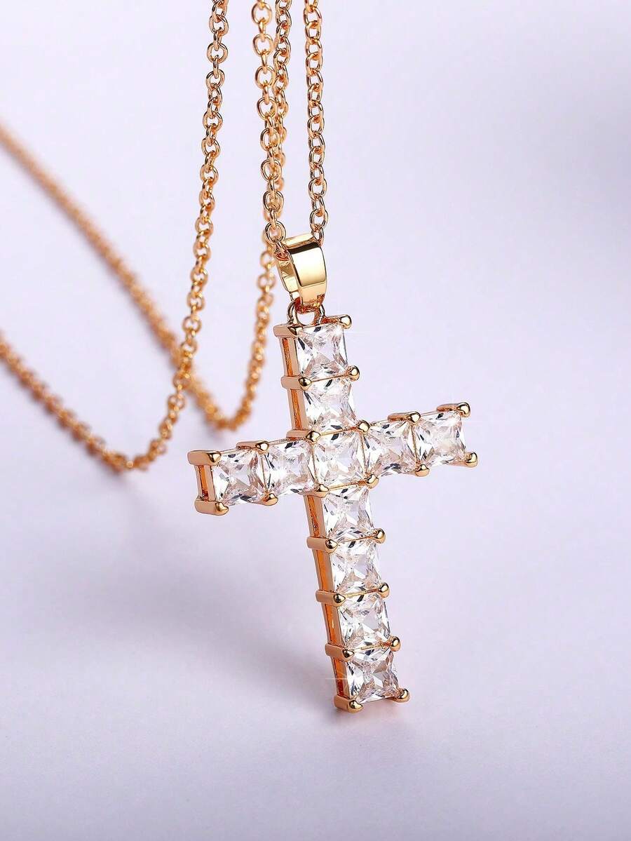 1 chiếc dây chuyền mặt thánh giá đính đá Cubic Zirconia thanh lịch, quà tặng cho nữ, trang sức cưới. - Vàng kim + trắng - Xem 1