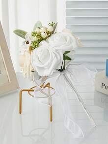 1 Peça Buquê de Noiva Multifloral de Renda, Buquê de Lótus e Rosas de Cores Contrastantes, Buquê de Laço de Dama de Honra, Buquê Pequeno para Pedido de Casamento no Dia dos Namorados, Buquê de Noiva para Casamento ao Ar Livre, Acessório Fotográfico de Casamento Romântico, Verão, Praia - Multicolorido - Visão 6
