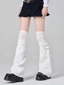 Premium Fake Two Piece Panel Over Knee Leg Warmers Edgy Layered Thigh High Socks Subculture Aesthetic Leather Buckle Detail Wide Leg Sheer Sock Sheath - 常規款 - 查看 5