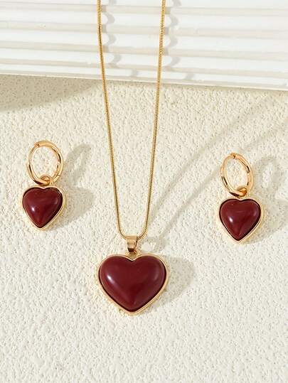 Conjunto de joyería de 3 piezas con colgante de corazón rojo elegante y aretes, adecuado para uso diario, vacaciones, fiestas, citas y viajes de la mujer, regalo ideal para el Día de San Valentín y el Día de la Madre