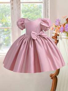 Đầm dạ hội bằng vải satin màu trơn, tay phồng, có nơ, thanh lịch dành cho bé gái, thích hợp cho sinh nhật, bé gái dự tiệc cưới, tiệc tối. Không bao gồm băng đô và túi đựng. - Bụi hồng - Xem 3