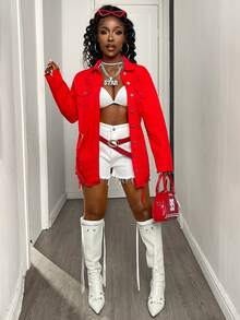 Women's Red Y2K Retro 100% Cotton Distressed Button-Front Denim Shirt Jacket – Long Sleeve Basic Versatile Spring/Summer Jacket - Red - View 6