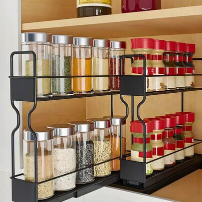 Stozle Heavy-Duty Iron Spice Rack Storage Box, Suitable For Cabinets - 2-Layer Pull-Out Storage Rack With Pull-Out Shelves And Sliding Drawers, Space-Saving Kitchen Storage Organizer, With Label Compartments, For Storing Spices, Spice Jars