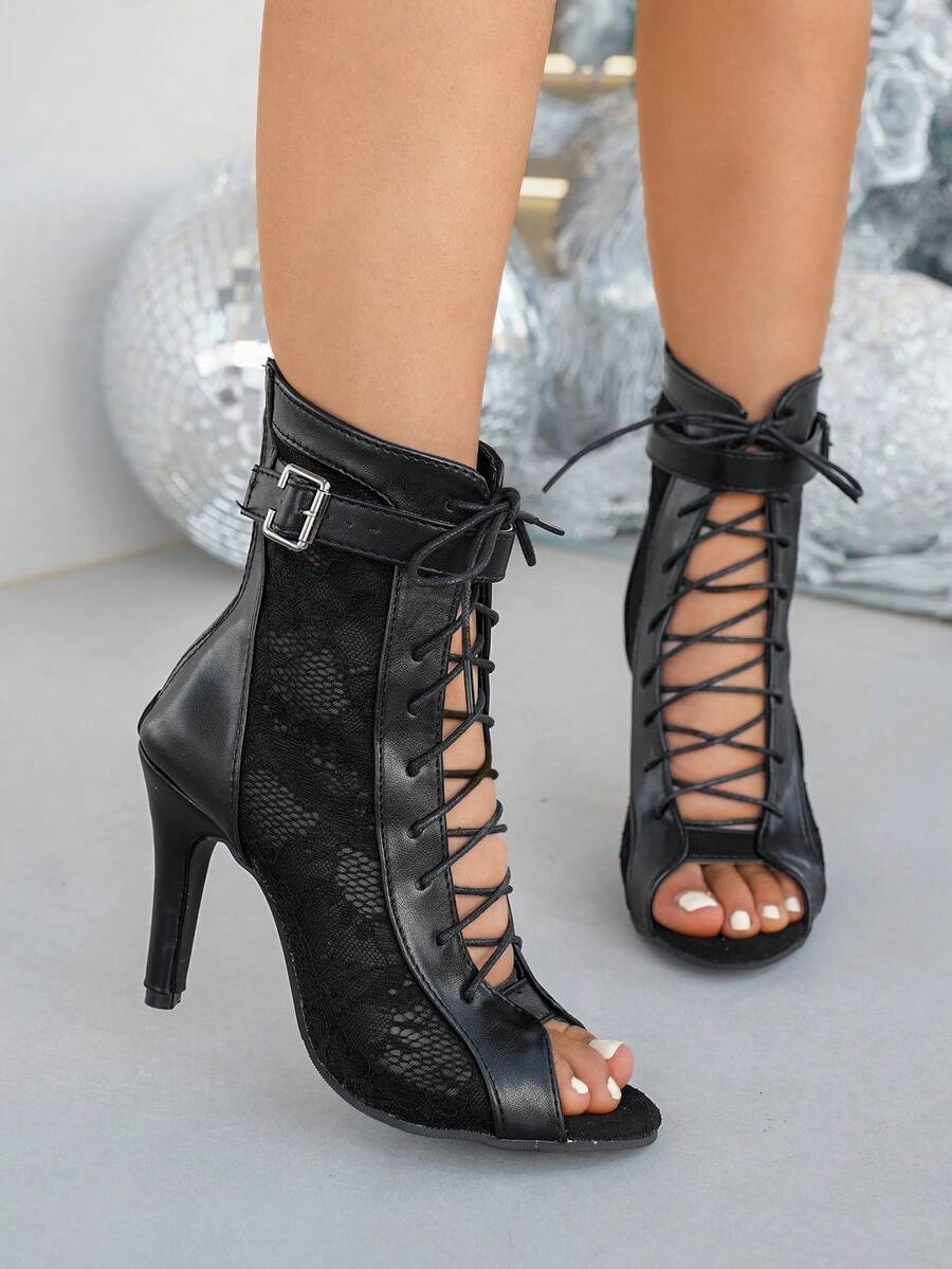 女士高跟露趾交叉绑带仿皮短靴，后拉链，时尚舞蹈靴，优雅罗马凉鞋，春秋季户外短靴 - 黑色 - 查看 1