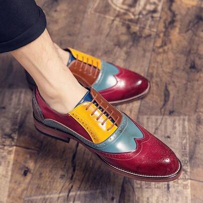 Business Lace-Up Office Men's Shoes, British-Style Brogue Carved Leather Shoes, Green And Red Contrasting Derby Shoes, Formal Retro Hand-Polished Leather Shoes, Low-Top Shoes, Plus-Size Shoes