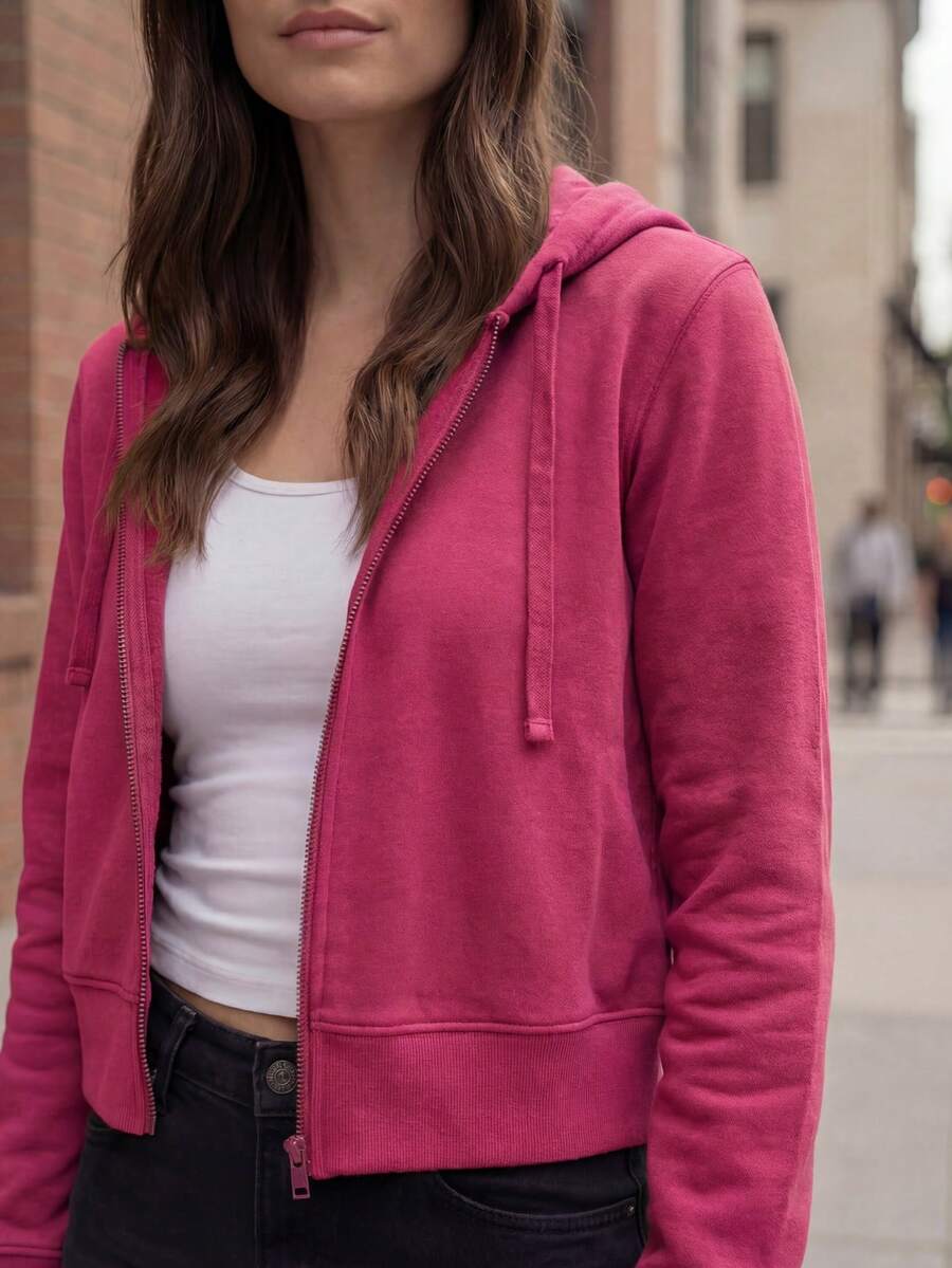 DEVIT - Sudadera con Capucha Crop Recortada de Mujer, Cremallera Frontal Completa y Cordones, Manga Larga, Casual, Moda Deportiva, Ajuste Holgado, Invierno, Otoño, Colores Negro, Oxford, Camel, Fiusha, Verde Militar y Lila.