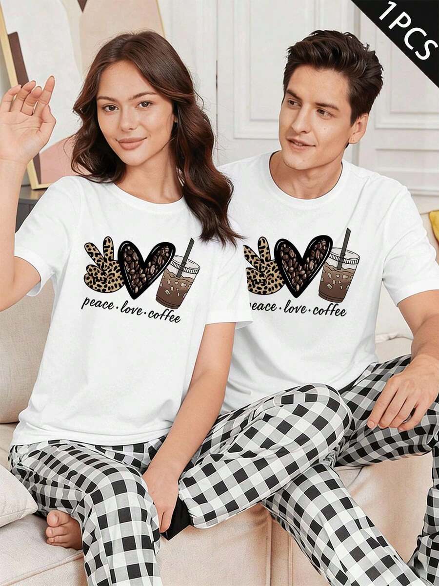 T-Shirt mit Kaffeemotiv für Paare, Premium-Baumwolle, Rundhalsausschnitt, lockere Passform, lässig - MenWhite-1PC - Übersicht 1