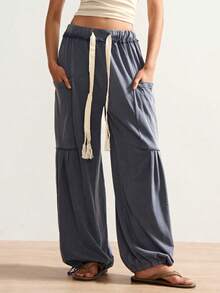 Women's Casual Loose Solid Color Harem Pants - Drawstring Pocket Summer Casual Trousers Suitable For Winter, New Year, Boho, Independence Day, Vacation - 彩色 - 查看 3