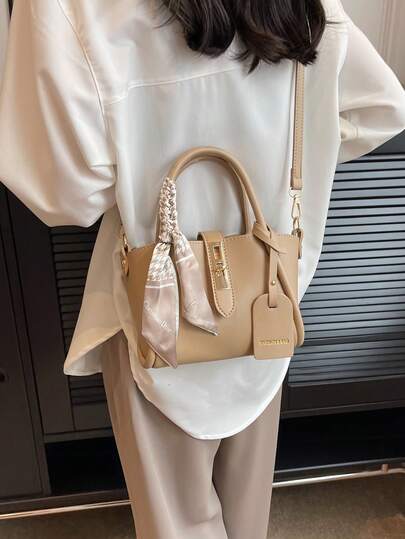 1件荔枝纹纯色时尚拉链PU皮革手提包及围巾配饰，适合日常使用