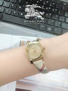 Burberry Gold Textured Dial Brown Check Patterned Leather Strap Women's Wristwatch - Gold - View 6