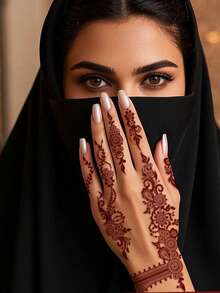 2张全手花卉图案红棕色海娜曼陀罗花蕾丝图案性感人体彩绘临时防水纹身贴纸，适用于手脚手指手部，女士花卉海娜纹身贴纸，防水花卉贴纸，适合手部、手臂、背部，节日、派对、日常佩戴 - 紅色 - 查看 4