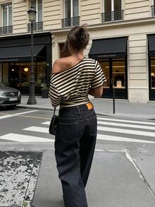 HoloChill Women's Fashionable Casual Striped Contrast Color Short Sleeve Pullover Knit T-Shirt, Waist Ruched Slimming, Versatile Spring/Summer Tops - Black - View 4