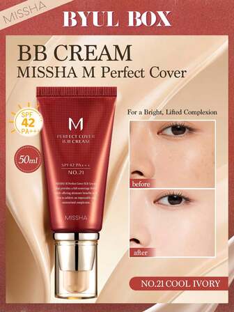  MISSHA M完美遮瑕BB霜，50毫升，轻盈透气，打造自然妆效，保湿妆前乳，SPF42，高遮瑕，抗衰老