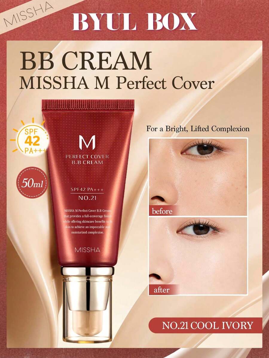 MISSHA M Perfect Cover BB Cream, 50ml, Lightweight & Breathable, Creates Natural Makeup Look, Hydrating Makeup Primer, SPF42, Full Coverage, Anti-Aging - #21 - 查看 1