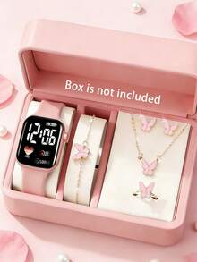 6/1 pieza Conjunto de reloj digital con forma de corazón LED elegante y lindo para niñas, incluye pulsera con mariposa, collar, anillo y aretes. Adecuado para uso diario de niñas, perfecto para viajes, cumpleaños, fiestas, decoración de vuelta a la escuela, también un regalo ideal para el Día de San Valentín y el Año Nuevo 2026 para niñas. Accesorios elegantes para niñas - Multicolor - Ver 5