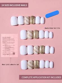 24片/套 短方形金色闪粉白色法式按压美甲贴纸，线条和闪粉设计，展现迷人女性风格，完美贴合亚克力假指甲，包含1片果冻胶和1个指甲锉，适合女性和女孩日常工作、学习和派对使用的美甲用品。 - 金色 - 查看 7