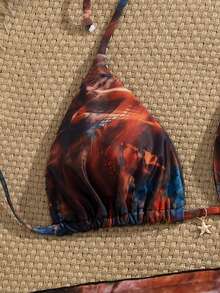 女士性感蝴蝶印花露背比基尼三件套，系带设计，含纱笼裙，夏季海滩度假波西米亚风 - 彩色 - 查看 5