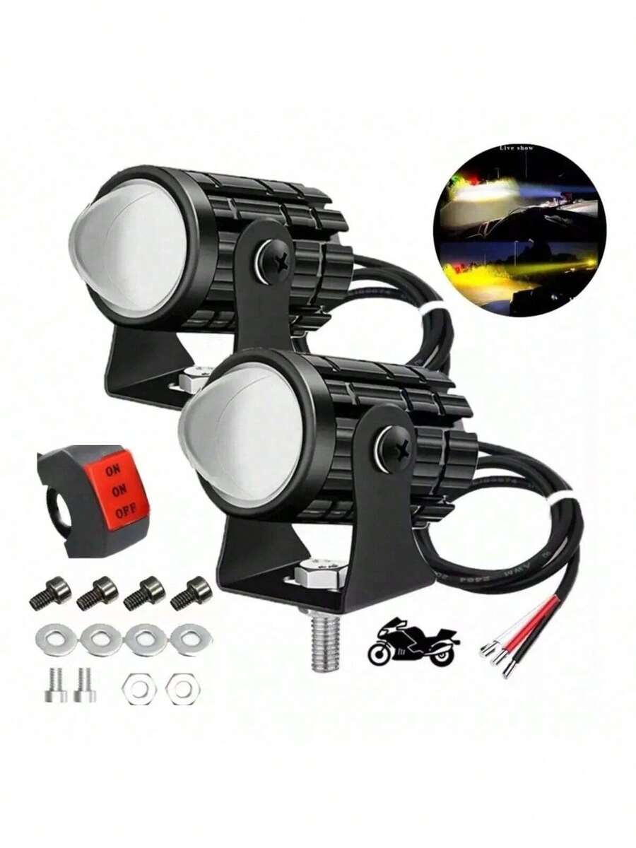 2 Pieces Waterproof Dual Color LED Headlights For Motorcycle And Car With Switch - Black - View 1