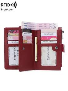 MIYIN Vintage RFID Blocking Multi-Functional Multi-Card Slot Short Wallet, Unisex, Portable For Daily Use, Retro Casual Style, With Zipper And ID Card Window, Can Hold Credit Cards, ID, Cash, Letters, Tri-Fold Design, Zipper Wallet, Christmas Gift, Thanksgiving Gift, Birthday Gift, Anniversary Gift, Women Wallet, Long Wallet - Burgundy - View 5