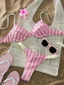 Bộ bikini vải lưới rỗng dễ thương phong cách Âu Mỹ dành cho nữ, có gọng ở trên và quần nhún ở hai bên, thích hợp cho kỳ nghỉ ở bãi biển và tiệc hồ bơi - hồng và trắng - Xem 4