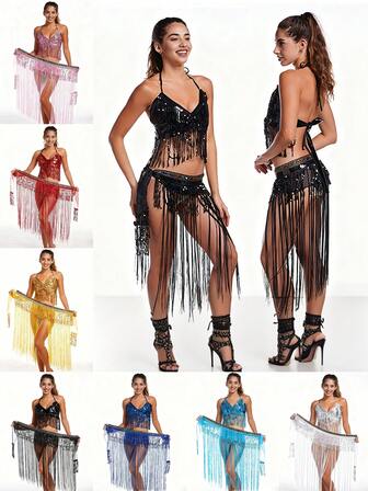 Magdans Paljett Långa Fransar Tvådelat Set Sexigt Halterbh & Fransar Höftscarf Dansframträdande Fest Scendekorativ Outfit (Flera Färger Finns)