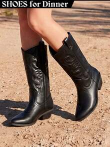 Black Faux Leather Women's Embroidered Cowgirl Boots For Outdoor Music Festival Black White Brown Mid-Calf Pull-On Block Heel - 黑色 - 查看 1