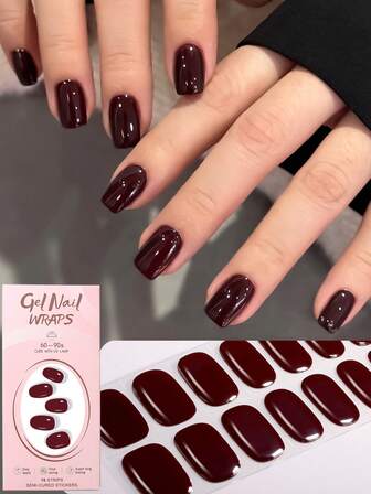 16 Tips Semi Cure Gel Nail Wraps, Fashion Elegant Whitening Rich Burgundy Red Crystal Nail Art Stickers, Self-Adhesive Full Wrap Nail Art, Need To Use With UV Lamp, Easy To Apply And Remove, Ladies And Girls Daily Party Dating DIY Fashion Nail Art Supplies