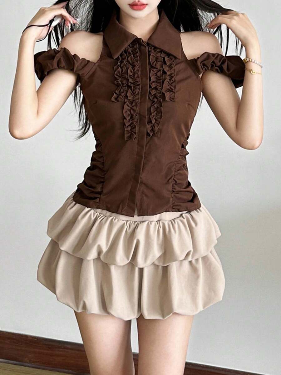 Top Dazzle Women's Brown Cold Shoulder Crop Top With Ruffled Details And Shirt Collar Knitted Fabric Slight Stretch Regular Length Carnivals Vacation Homecoming - Brown - View 1