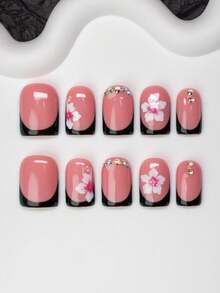 10 móng giả hình vuông thủ công, phong cách Y2K cá tính, màu nude và đen với kiểu móng Pháp, họa tiết hoa và đính đá, phù hợp cho phụ nữ và bé gái, dự tiệc, đám cưới, sử dụng hàng ngày, bao gồm bộ dụng cụ, món quà tuyệt vời cho móng tay của phái nữ. - Nhiều màu - Xem 2