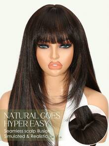 Peluca con flecos negros, peluca recta con capas y flequillo, peluca recta con capas y flequillo en degradado marrón lista para usar, mezcla de marrón, lista para usar, peluca sintética recta de 28 pulgadas de largo sin pegamento, sin pegamento, para uso diario - Resaltar marrón - Ver 3