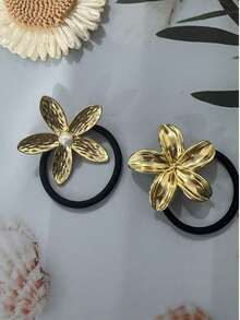 2/3 件花卉金属弹性发带，适合粗马尾辫，无损伤橡皮筋，马尾辫固定器，发圈，发绳 - 2PC不同花 - 查看 7