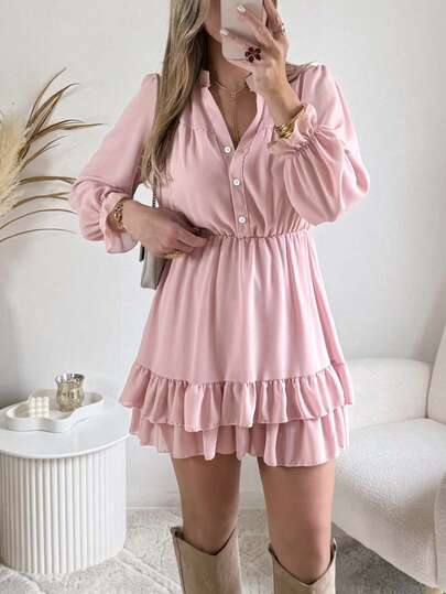 Vestido de manga larga con cuello de ojo de cerradura, volantes multicapa y botones frontales en unicolor, elegante y casual