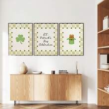 1/3幅圣帕特里克节墙画，绿色三叶草小妖精帽子帆布印刷画 | 圣帕特里克节乡村风装饰画，适用于卧室、客厅或办公室家居装饰，爱尔兰节日格子图案海报，圣帕特里克节礼物，不含画框 - 彩色 - 查看 4