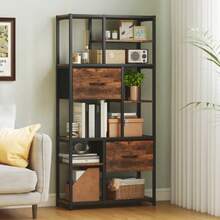 Storage Shelf, 2 Fabric Drawers, 9 Open Compartments, Freestanding Shelf With Steel Frame, Brown+Black - Brown - View 9