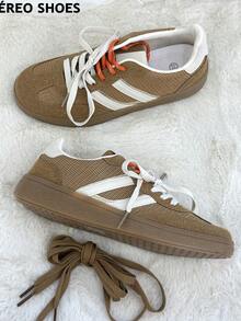 Scarpe sportive casual da donna, scarpe casual basse moderne e versatili, lacci bicolore, comode suole antiscivolo, adatte per studenti, primavera e autunno - Cammello - Visualizzare 6