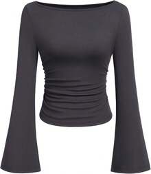 Womens Long Sleeve Shirts 2026 Spring Crop Going Out Tops Casual Boat Neck Sleeve Ribbed Ruched Y2K Clothes - 深灰色 - 查看 10