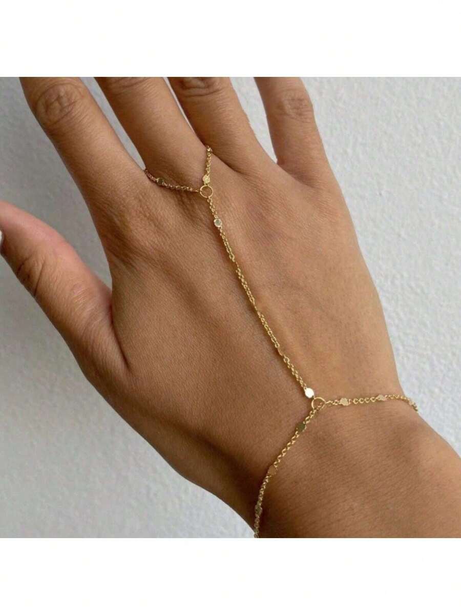 1pc Fashion Bohemian Flattened Chain Ring Chain, Small Round Link Chain, Stainless Steel Material, Color Guaranteed, Continuous Ring Bracelet, Suitable For Women's Daily Wear (Diamond Color Random) - Flattened Bracelet - View 1