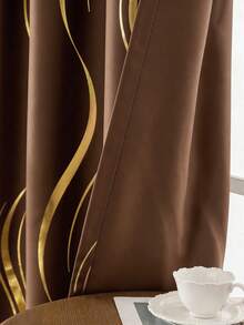 1件装优雅柔软高精度箔波纹纹理窗帘，隔热穿孔顶部设计遮光窗帘，适用于卧室/客厅/家居装饰，奢华金色窗帘 - 棕色 - 查看 3