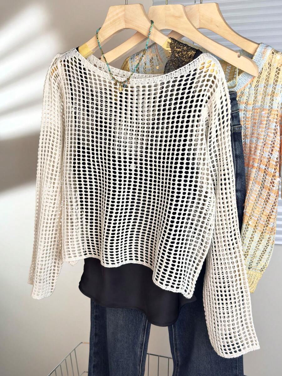 Wixra Solid Color Minimalist Hollow Out Long Sleeve Cropped Loose Breathable Cover-Up, Casual For Walking, Beach, Vacation, Petite - White - View 1